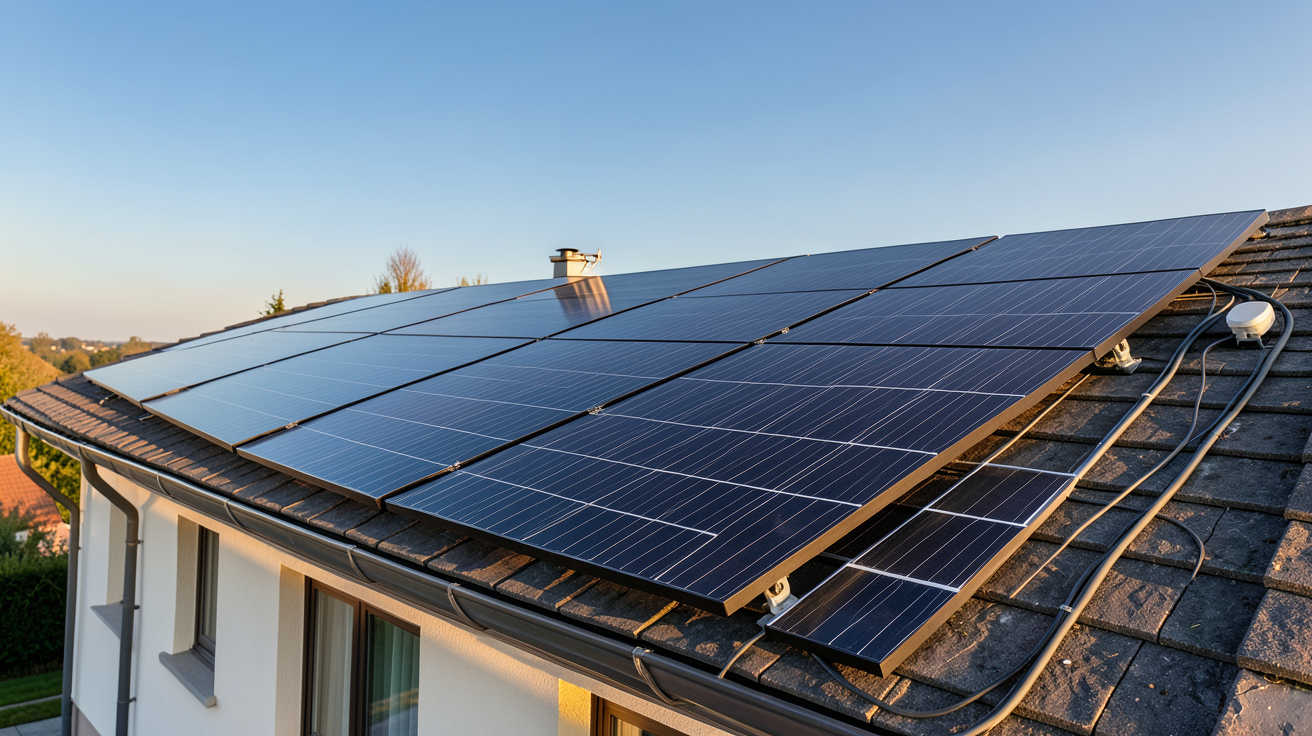 installation centrale photovoltaïque sur le toit d'une maison individuelle avec panneaux solaires noirs alignés