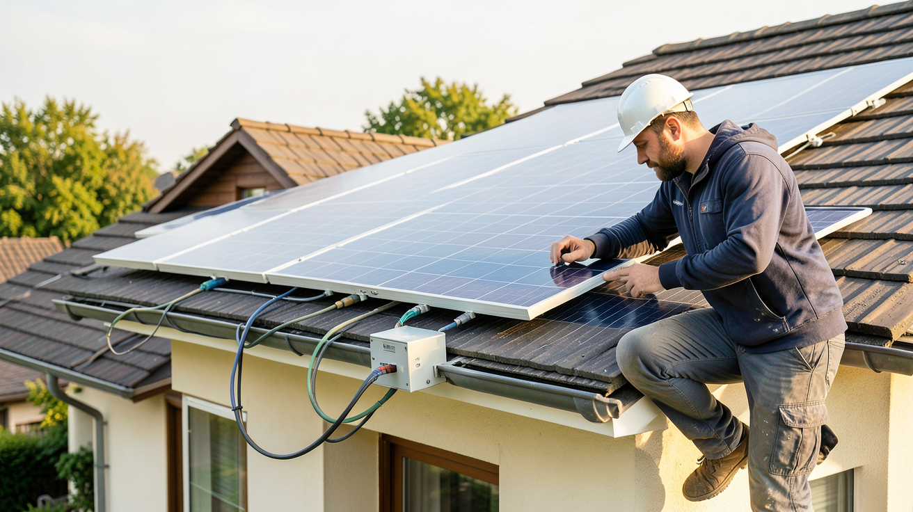 installation centrale photovoltaïque étapes clés devis mise en service technicien posant des panneaux solaires sur un toit
