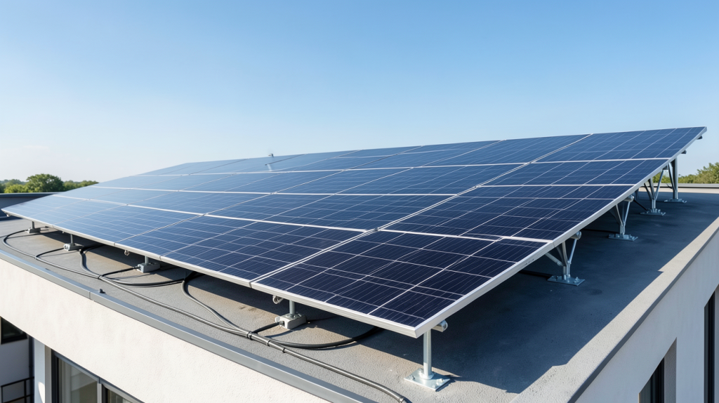 installation centrale photovoltaïque sur le toit d'une maison moderne avec panneaux solaires noirs et ciel bleu clair