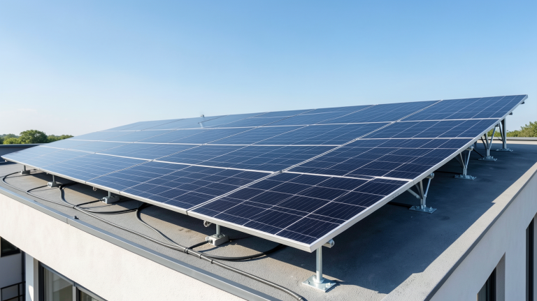 installation centrale photovoltaïque sur le toit d'une maison moderne avec panneaux solaires noirs et ciel bleu clair