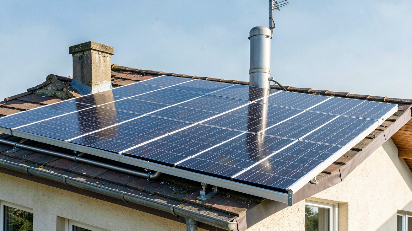 installation chauffe-eau solaire sur le toit d'une maison avec panneaux thermiques et ballon de stockage