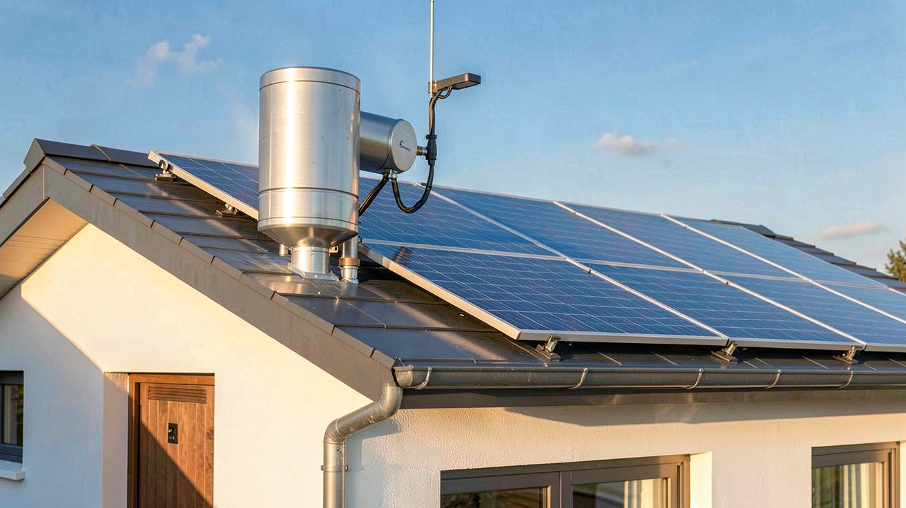 installation chauffe-eau solaire avec panneaux thermiques sur le toit d'une maison moderne sous un ciel clair