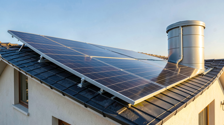 installation chauffe-eau solaire thermique sur le toit d'une maison ensoleillée avec panneaux solaires noirs