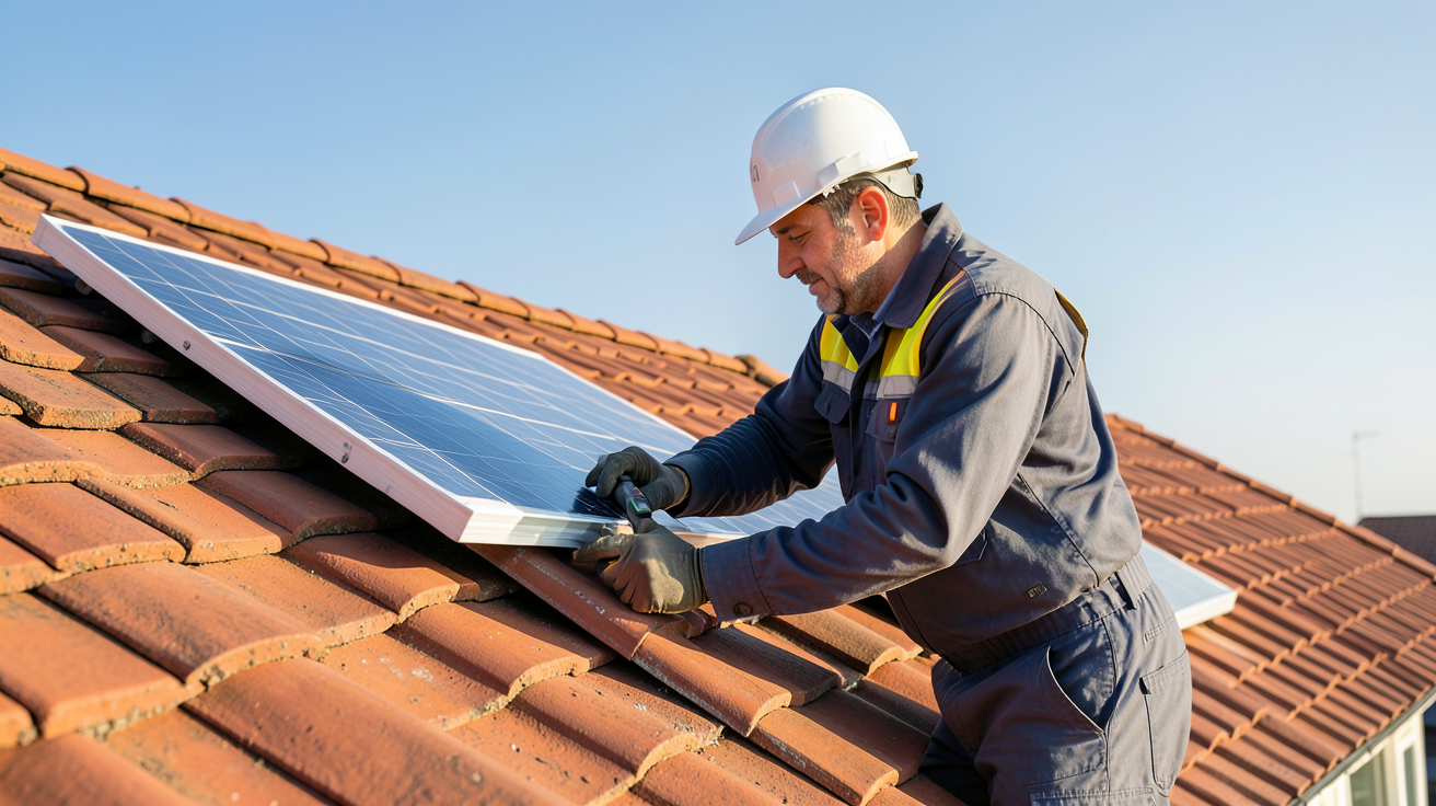 installation de panneaux photovoltaïque : technicien évaluant le potentiel solaire d'un toit en tuiles rouges