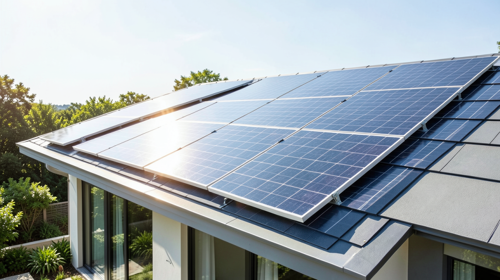 installation de panneaux photovoltaiques par edf sur le toit d'une maison résidentielle sous un ciel bleu