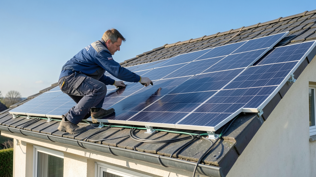 installation de panneaux photovoltaïques par EDF réalisée par un technicien professionnel sur un toit résidentiel