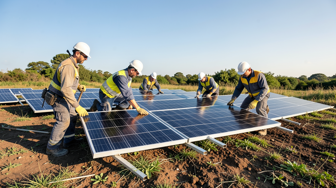 installation de panneaux solaire étape 5 réalisation sur le terrain avec techniciens en action