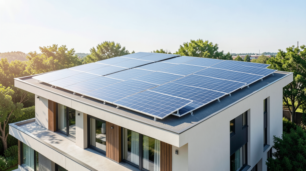 installation de panneaux solaire sur le toit d'une maison moderne sous un ciel clair