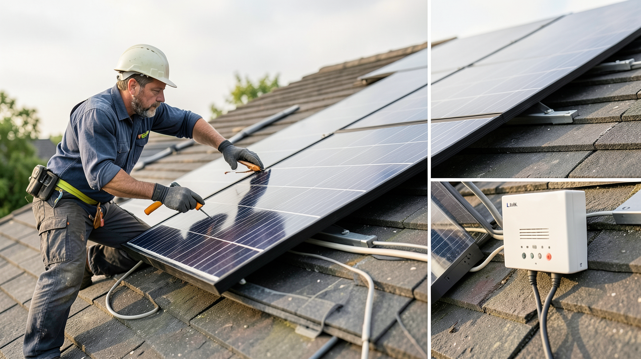 installation de panneaux solaires montrant les étapes clés du devis au raccordement sur un toit résidentiel avec des professionnels en action