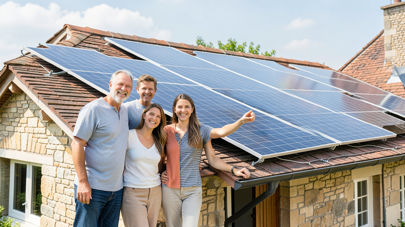 installation de panneaux solaires montrant une famille française devant leur toit équipé de panneaux solaires