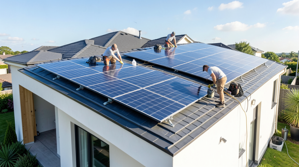 installation de panneaux solaires sur toiture d'une maison moderne avec des panneaux photovoltaïques alignés