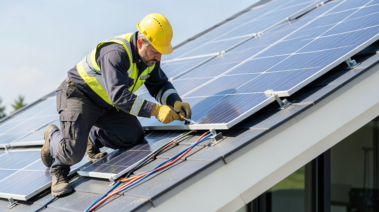 installation de panneaux solaires sur toiture réalisée par des techniciens experts en pleine action