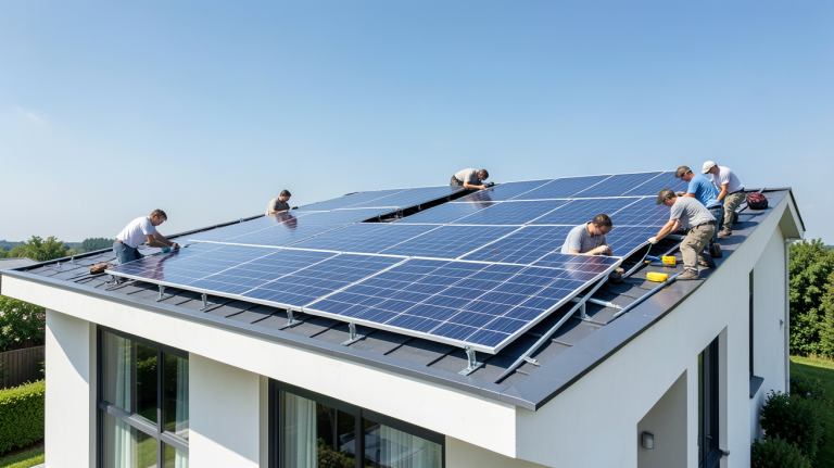installation de panneaux solaires sur le toit d'une maison moderne, avec des panneaux brillants sous un ciel bleu clair