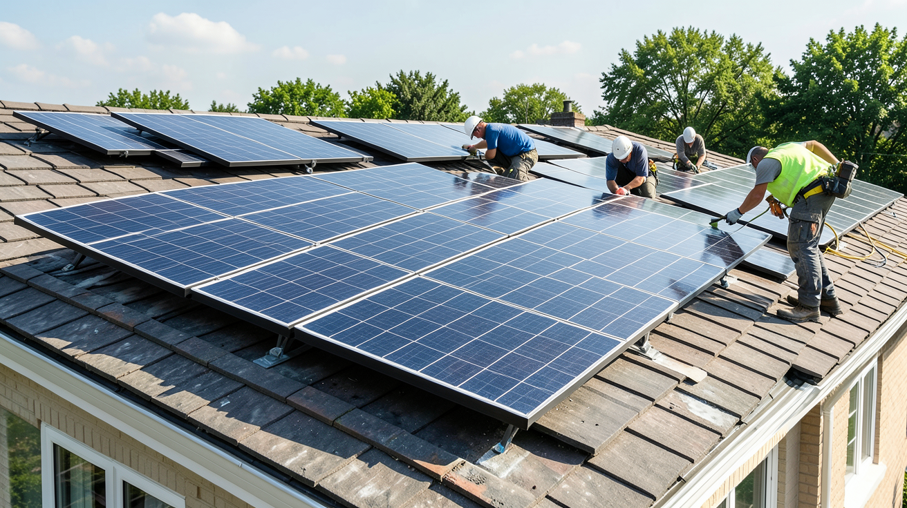 installation de photovoltaïque montrant les techniciens qui fixent des panneaux solaires sur un toit incliné sous une lumière du jour claire, sans texte ni éléments graphiques.