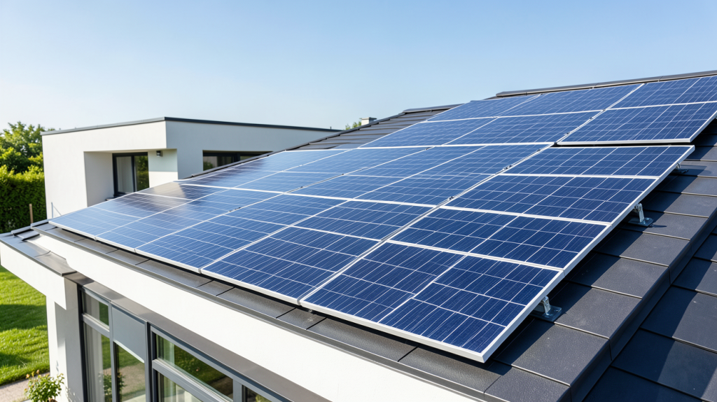 installation de photovoltaïque sur le toit d'une maison moderne sous un ciel bleu