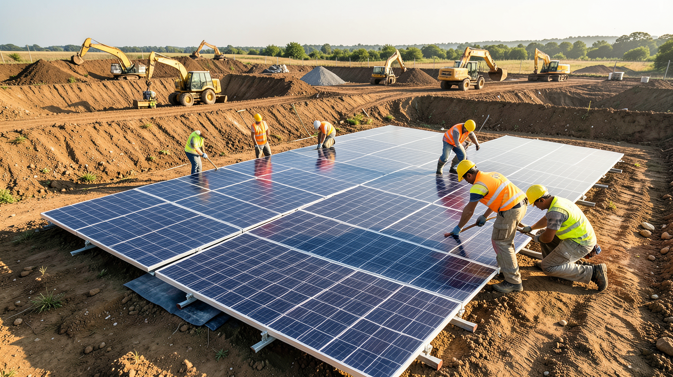 installation des panneaux solaires photovoltaïques étape 8 : terrassement et mise en service sur un chantier
