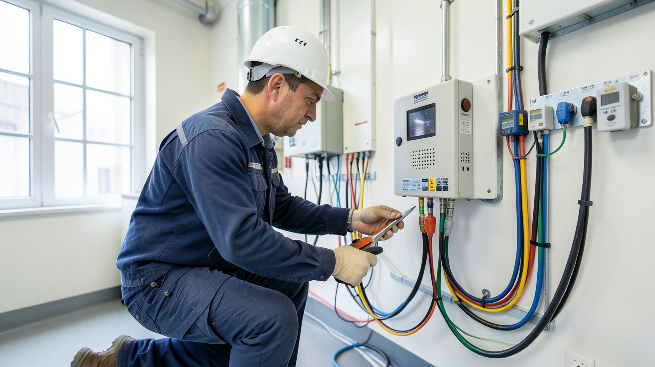 installation des panneaux solaires photovoltaïques : technicien installant un onduleur et des équipements complémentaires dans un local technique