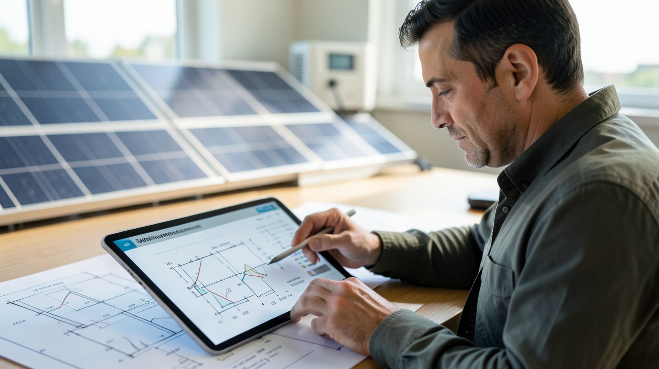 installation électrique autonome en phase de calcul et de dimensionnement technique avec plans et tablettes.