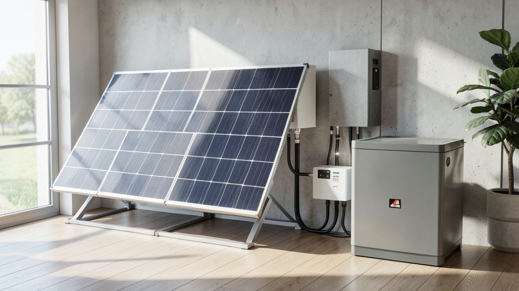 installation électrique autonome avec panneaux solaires et batterie domestique dans un intérieur moderne éclairé naturellement