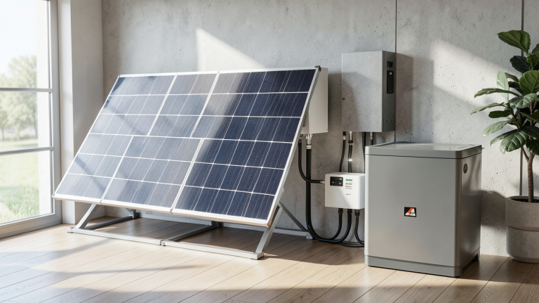 installation électrique autonome avec panneaux solaires et batterie domestique dans un intérieur moderne éclairé naturellement