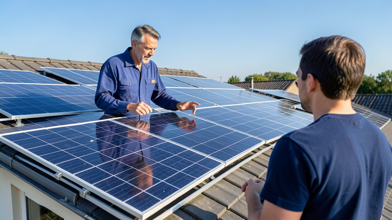 installation énergie solaire photovoltaïque sur toit de maison avec technicien expliquant les aides financières Prime Énergie Rénovation