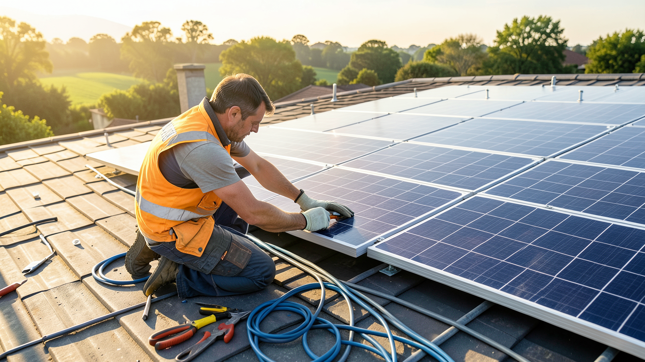 installation énergie solaire montrant les étapes détaillées d'un système photovoltaïque sur un toit