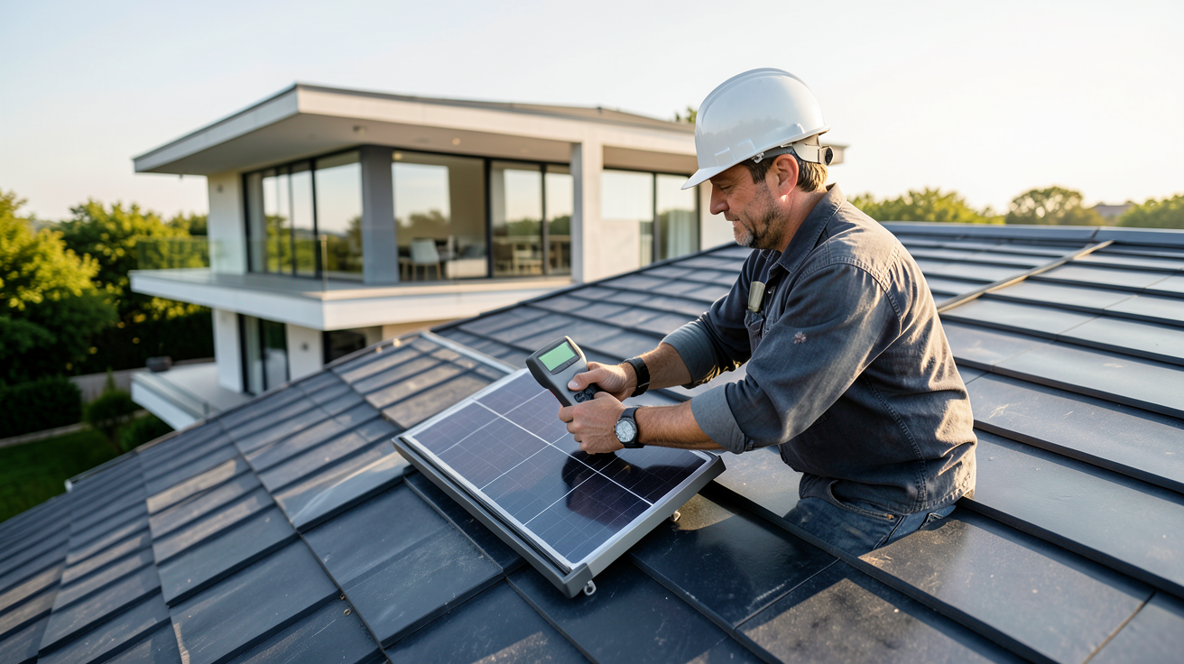 installation énergie solaire : technicien évaluant le potentiel solaire d'un toit avec un outil de mesure d'ensoleillement