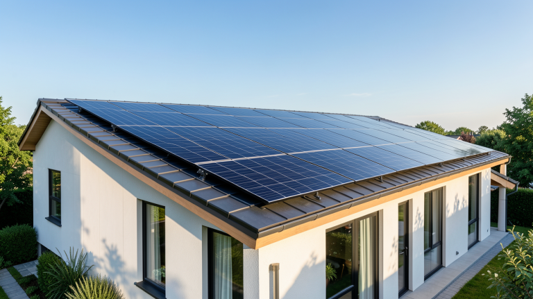 installation énergie solaire composée de panneaux photovoltaïques noirs sur le toit d'une maison moderne