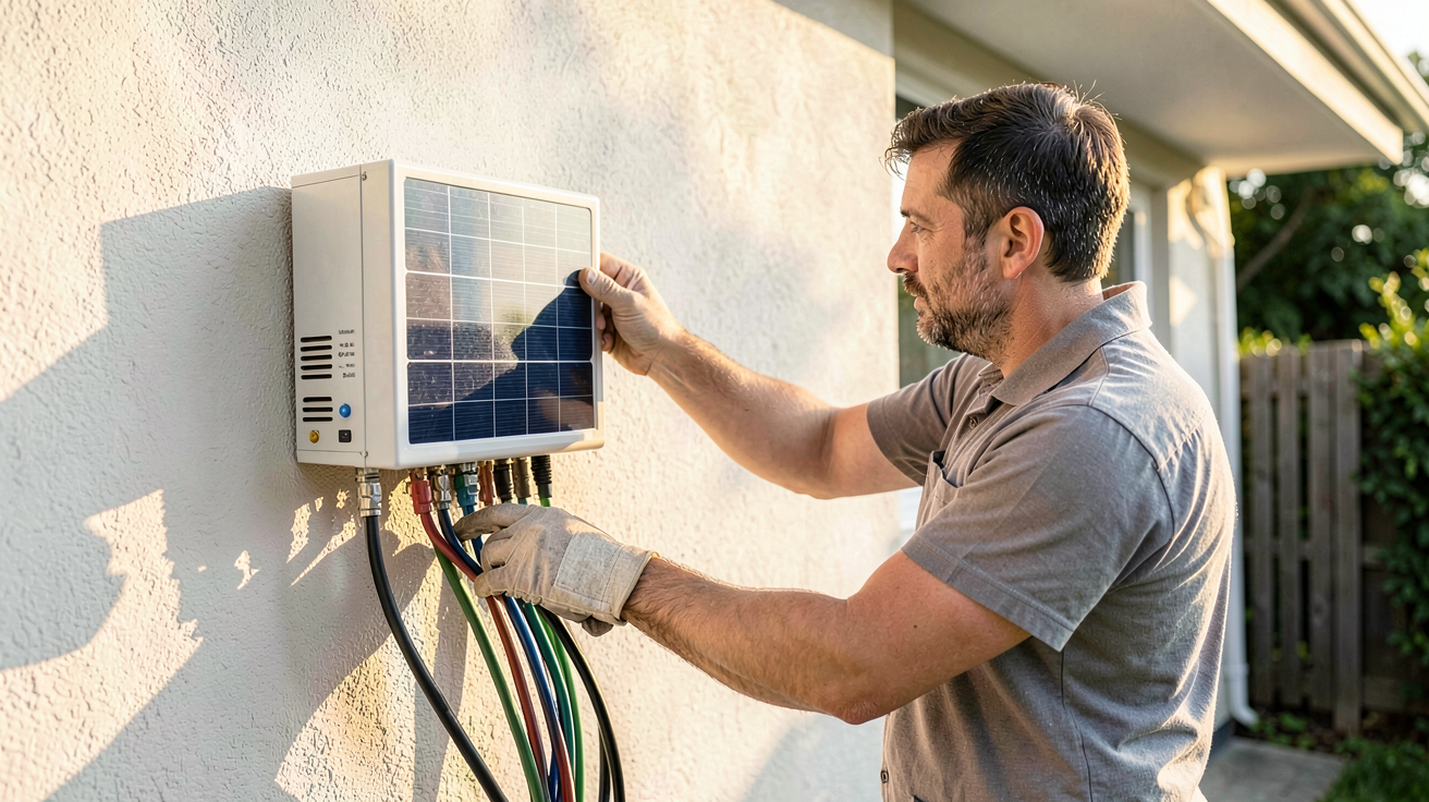 installation onduleur photovoltaïque hybride ou classique par un technicien sur un mur extérieur de maison