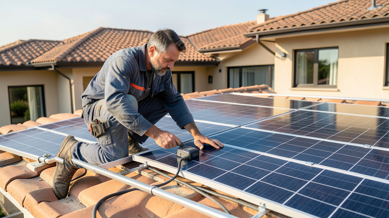 installation panneau photovoltaïque autoconsommation par un technicien sur un toit résidentiel