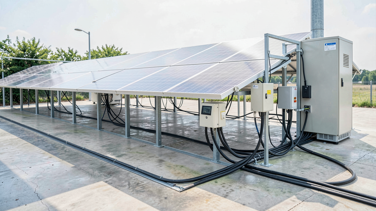 installation panneau photovoltaïque avec batterie montrant les schémas de câblage et les composants électriques