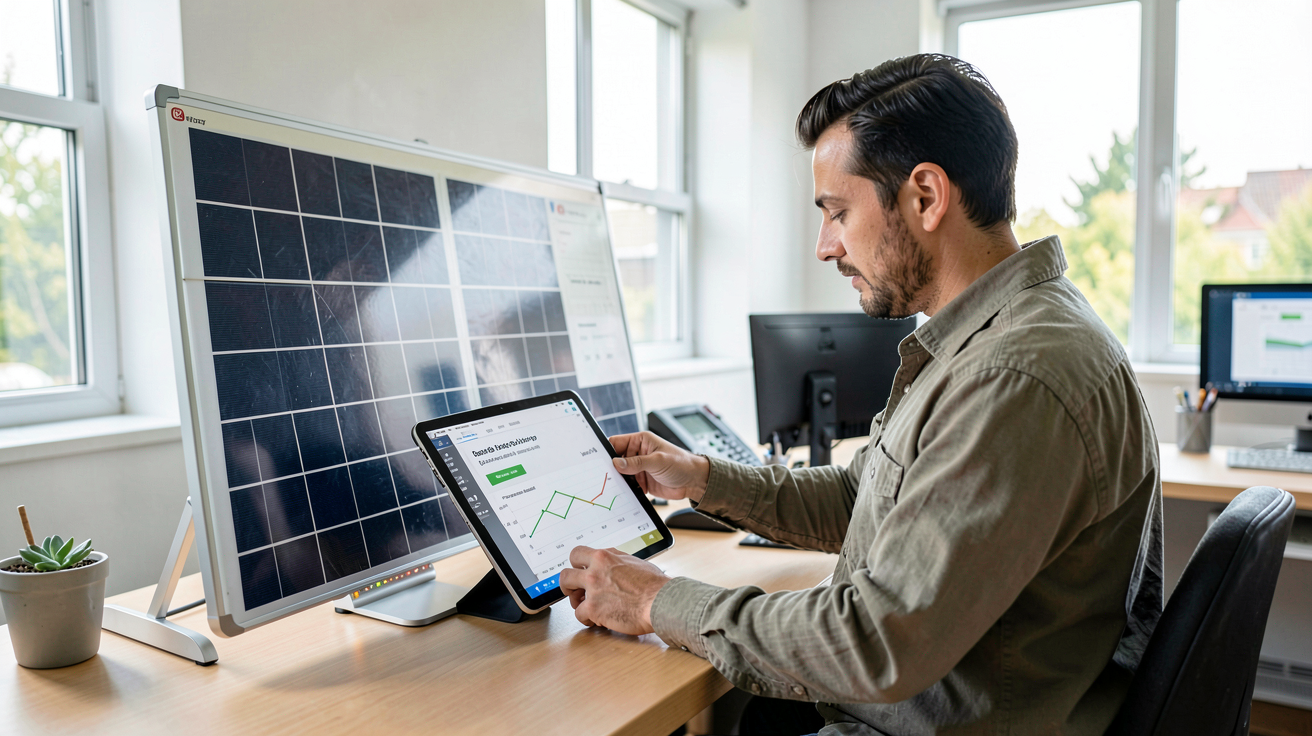 installation panneau photovoltaique avec batterie : technicien calculant la puissance photovoltaïque et la capacité batterie d'un système solaire