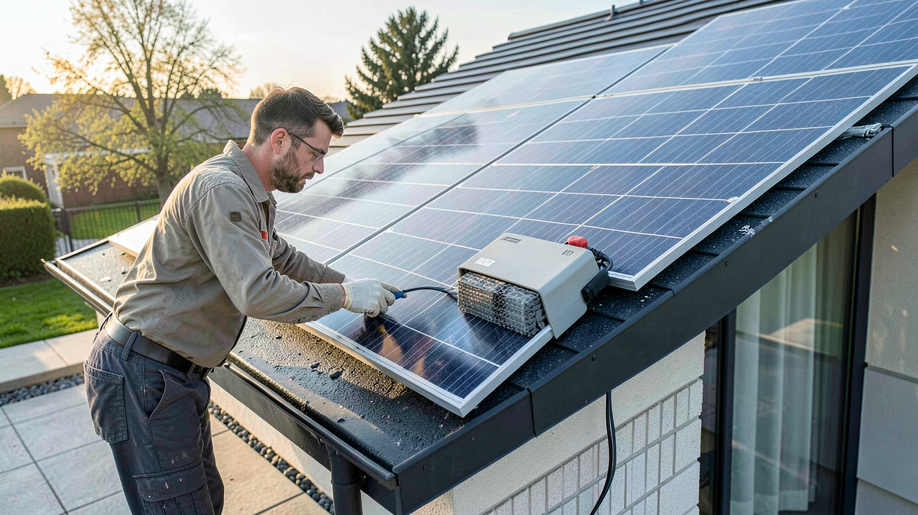 installation panneau photovoltaïque avec batterie montrant les étapes clés du montage sur un toit