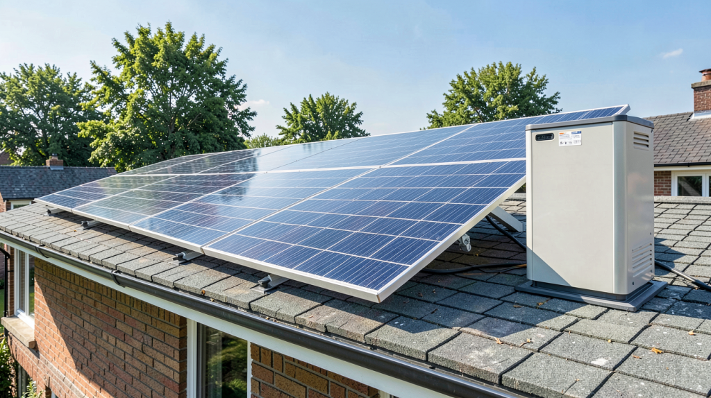 installation panneau photovoltaique avec batterie panneaux photovoltaïques installés sur le toit d'une maison moderne avec batterie de stockage visible, éclairage naturel et rendu professionnel