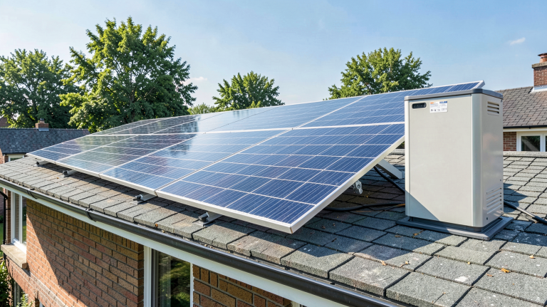 installation panneau photovoltaique avec batterie panneaux photovoltaïques installés sur le toit d'une maison moderne avec batterie de stockage visible, éclairage naturel et rendu professionnel