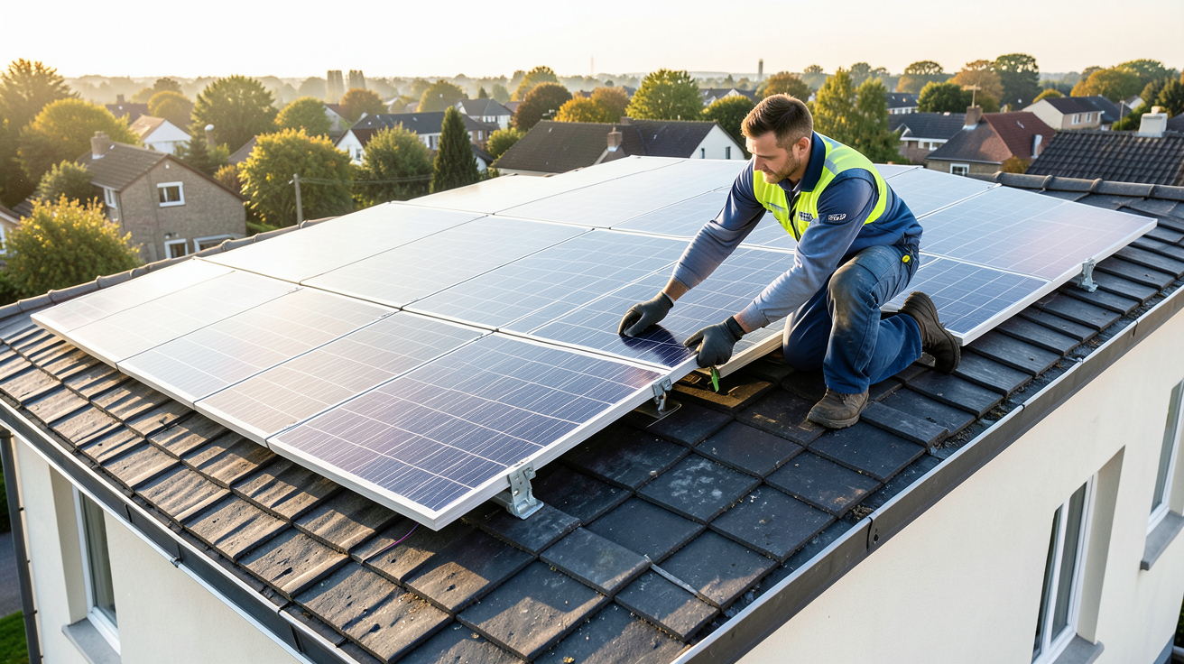 installation panneau photovoltaïque EDF par un technicien en combinaison sur le toit d'une maison