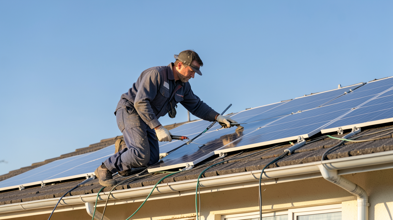 installation panneau photovoltaïque EDF : technicien installant des panneaux solaires sur un toit résidentiel