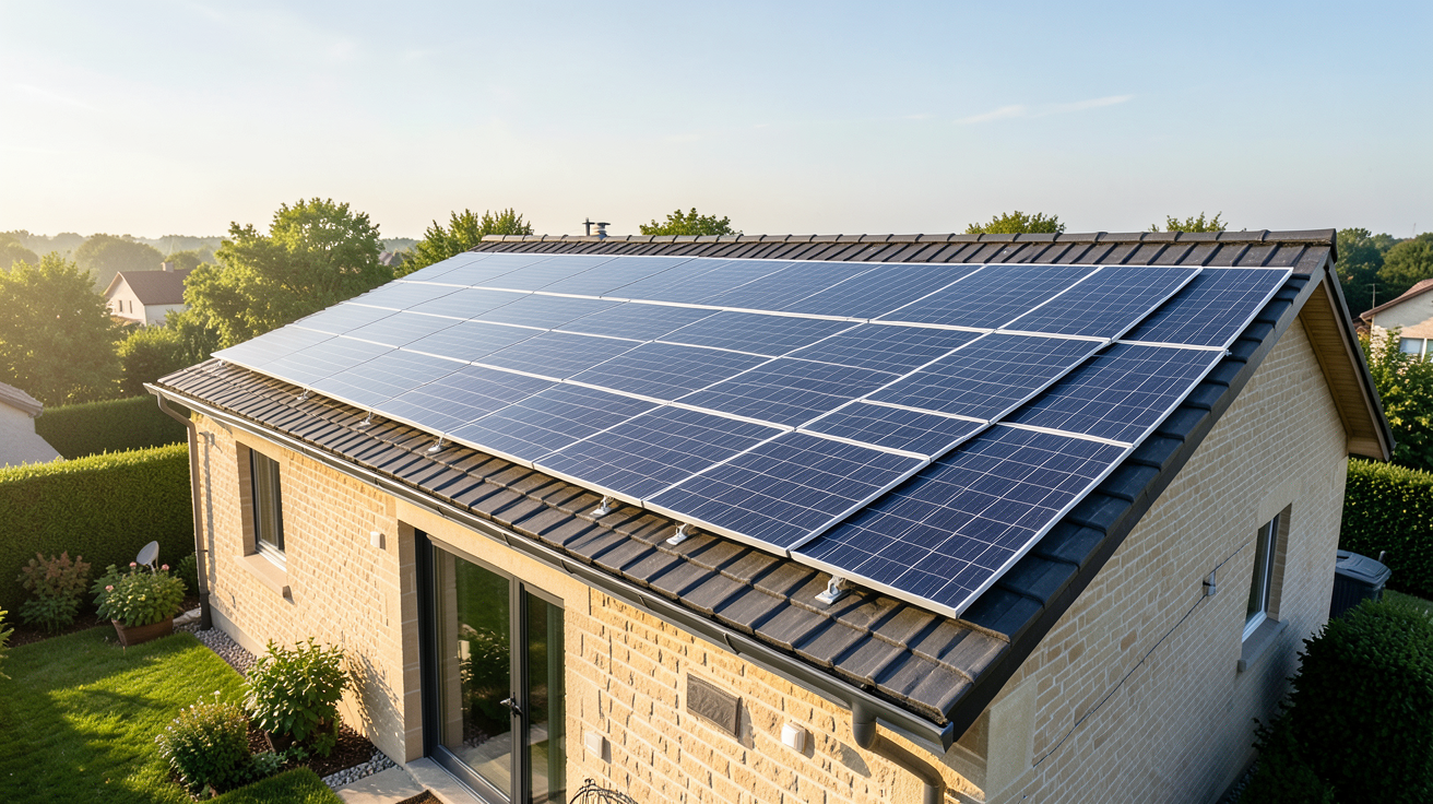 installation panneau photovoltaïque EDF sur le toit d'une maison moderne en 2025