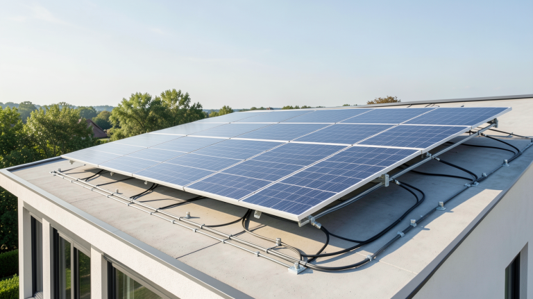 installation panneau photovoltaïque EDF sur le toit d'une maison moderne en journée ensoleillée