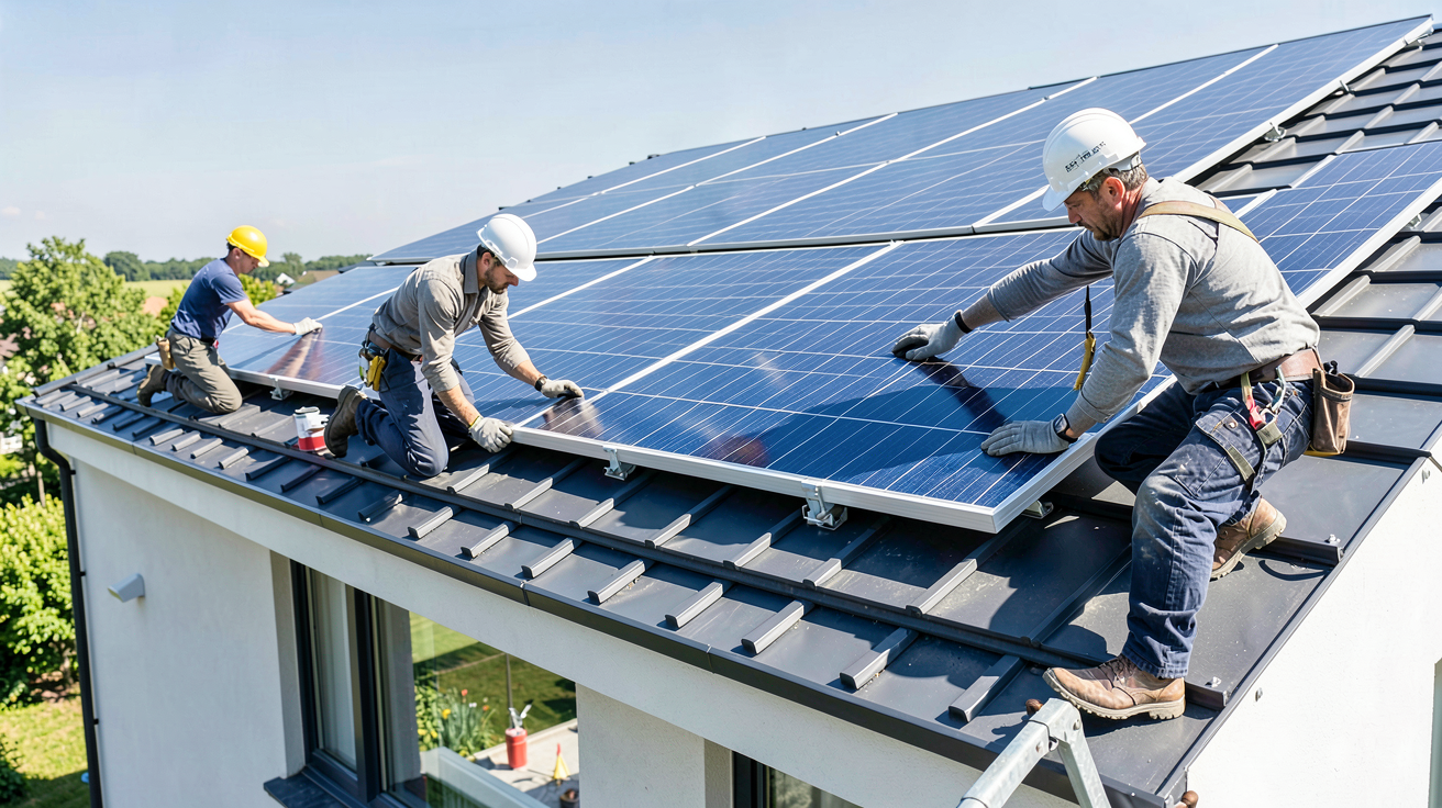 installation panneau photovoltaique réalisée par des experts sur la toiture d'une maison contemporaine