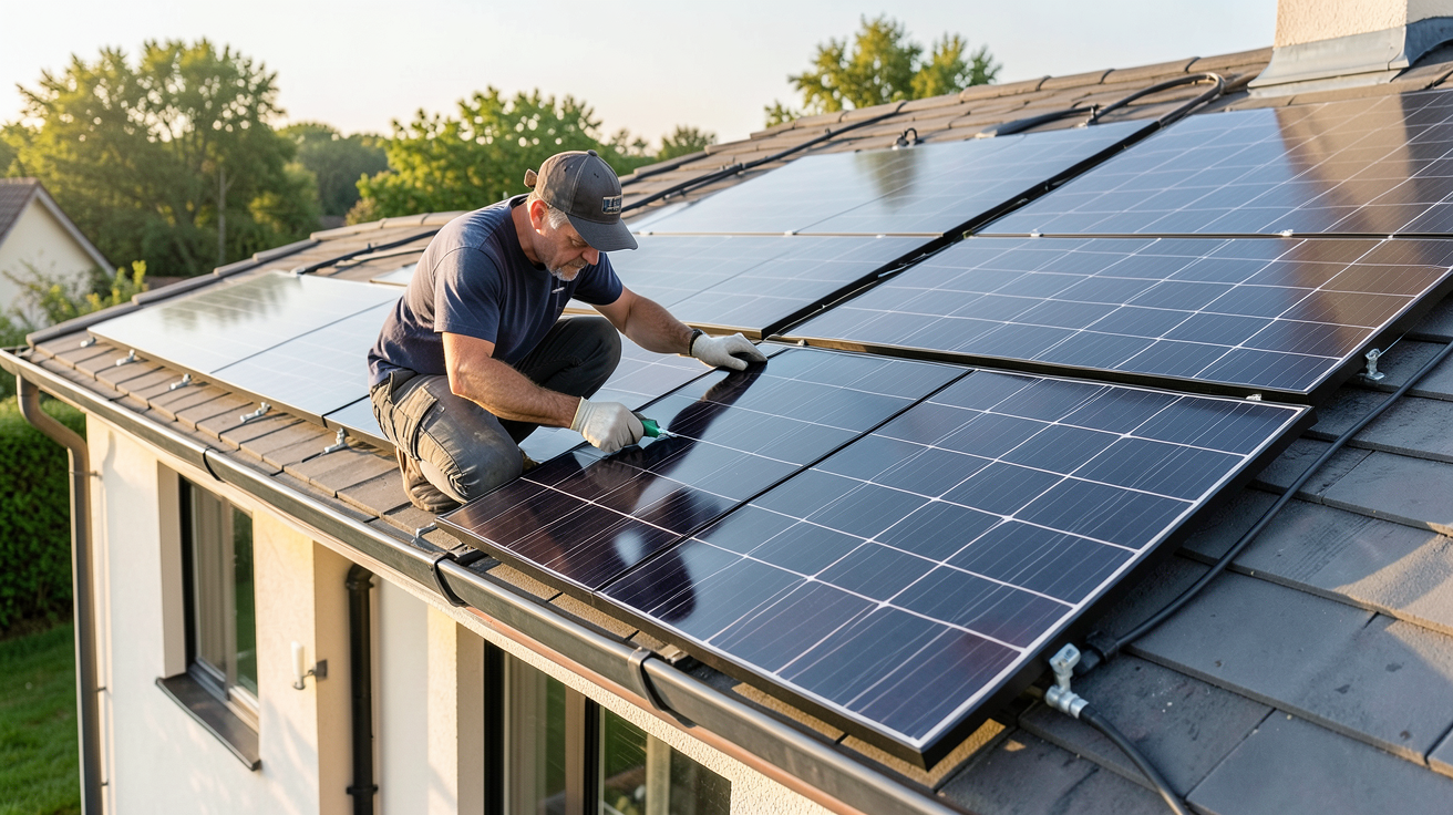 installation panneau photovoltaique prix : technicien posant des panneaux solaires sur un toit résidentiel