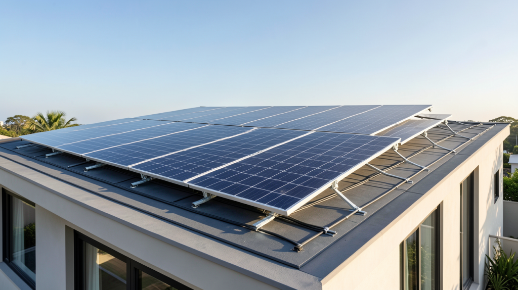 installation panneau photovoltaique prix sur le toit d'une maison moderne avec des panneaux solaires noirs