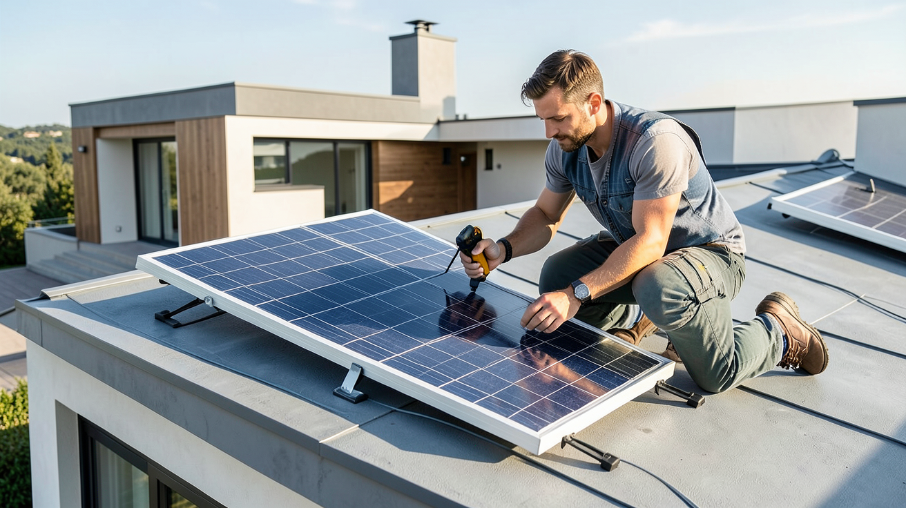 installation panneau photovoltaïque soi même montrant un kit solaire plug and play et un kit classique sur un toit