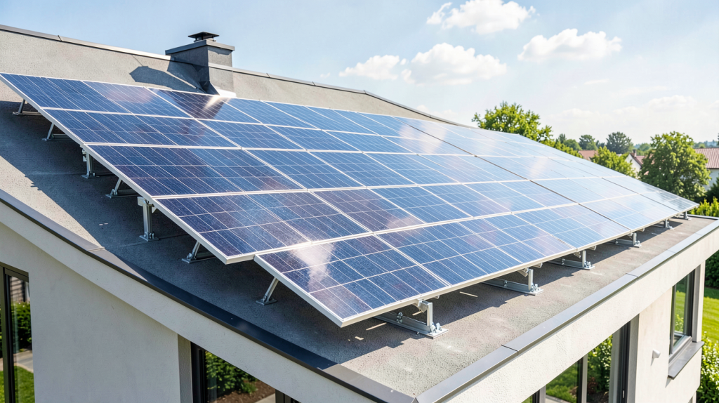 installation panneau photovoltaique sur le toit d'une maison moderne sous un ciel dégagé