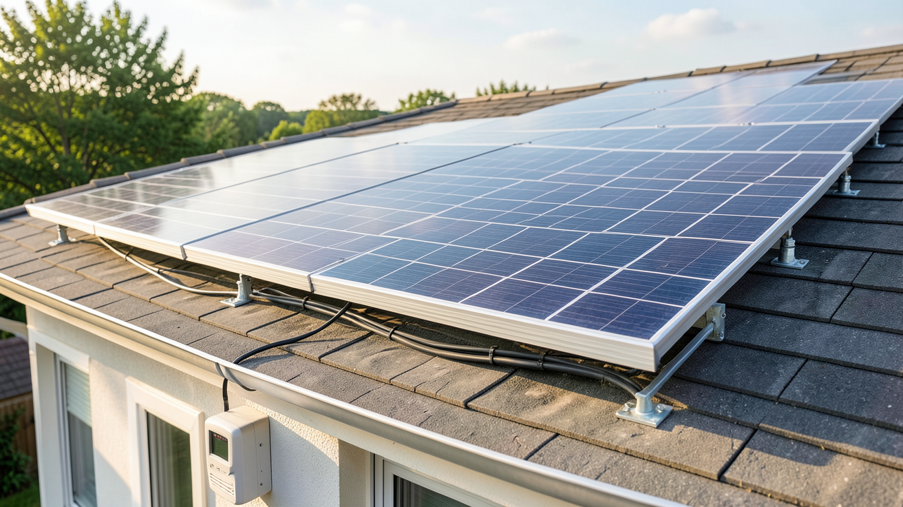 installation panneau solaire 3kw sur le toit d'une maison avec compteur électrique en premier plan