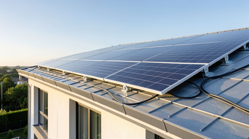 installation panneau solaire 3kw sur le toit d'une maison moderne avec ciel dégagé