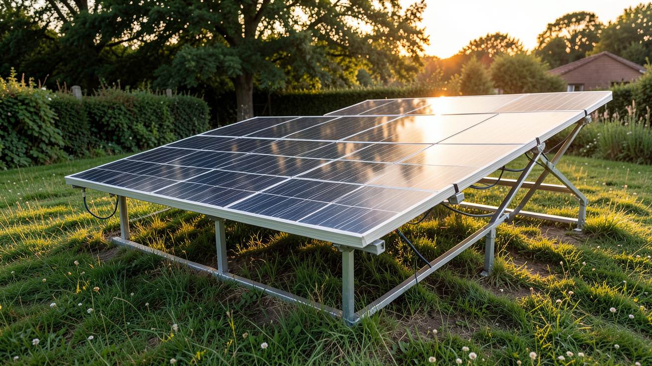 installation panneau solaire au sol dans un jardin de maison rurale avec lumière naturelle