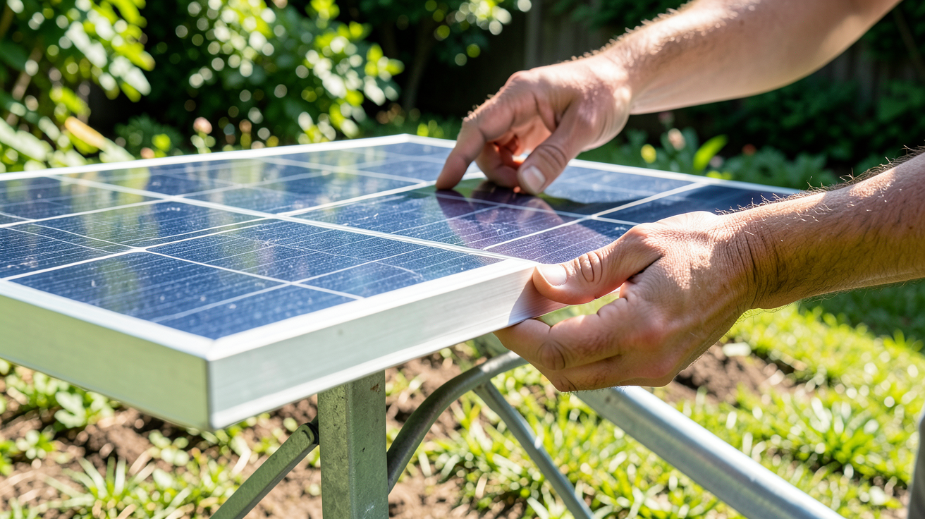 installation panneau solaire au sol effectuée dans un jardin par un particulier