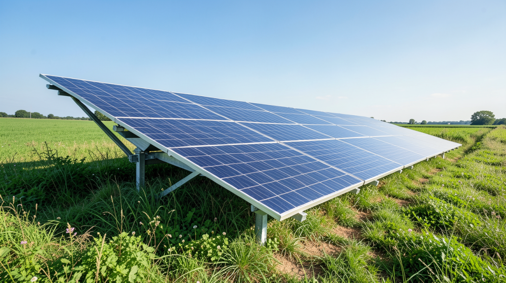 installation panneau solaire au sol montrée sur un terrain plat avec des panneaux photovoltaïques alignés, lumière du jour, haute résolution.