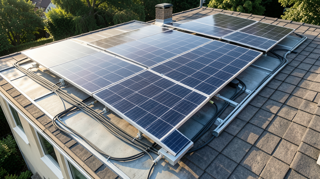 installation panneau solaire autoconsommation sur le toit d'une maison avec onduleur et câbles électriques organisés